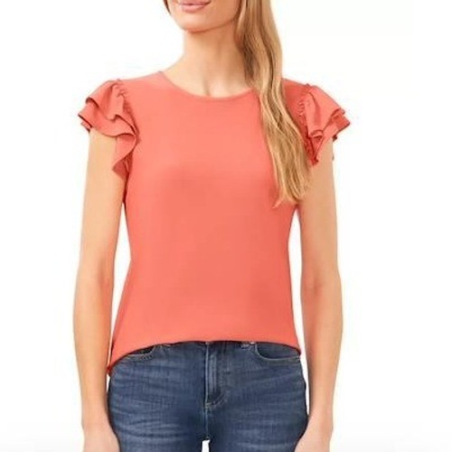 Cece Coral Pink Double Ruffle Sleeve Crew Neck Knit Blouse Top Large Nwot